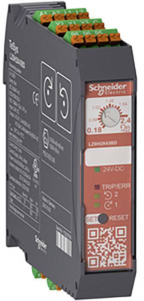 'Veiligheidsschakelaar van Schneider Electric, zwart met oranje en groene aansluitklemmen. Toont CE-markering, 24V/DC.'
