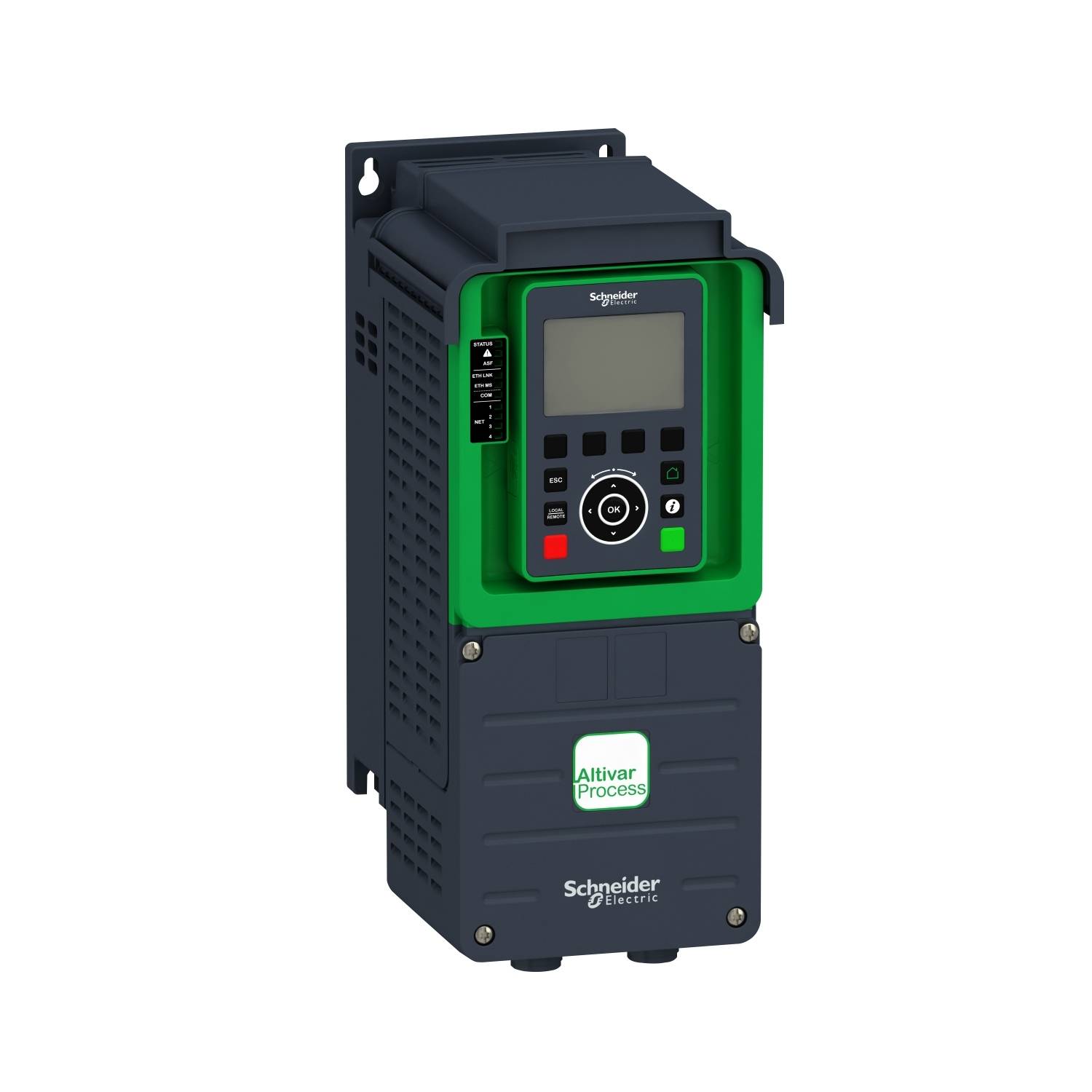 Een frequentieomvormer van Schneider Electric met een groene lijst en een digitaal display voor de besturing van elektromotoren.