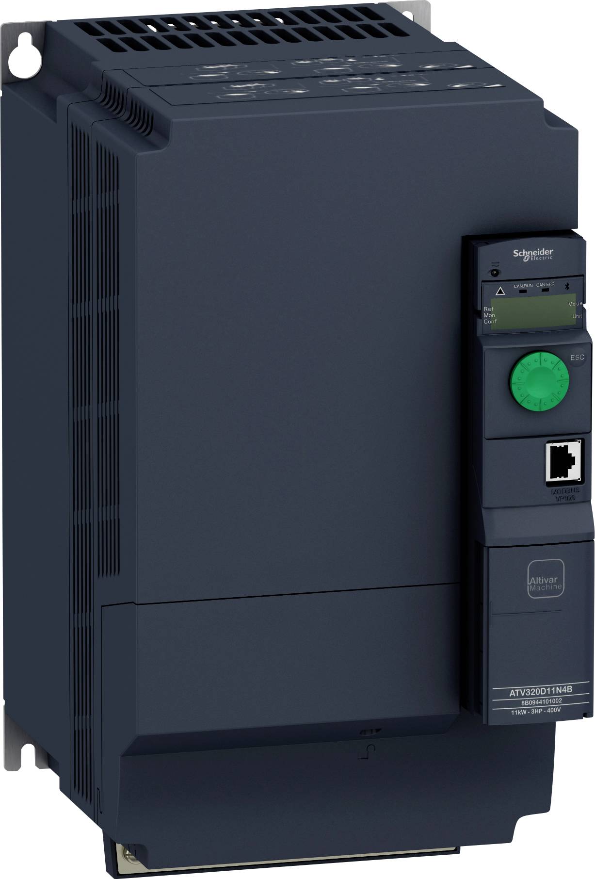 Een donkerblauw elektronisch apparaat, waarschijnlijk een motordrive of frequentieregelaar, met een groene ronde knop en een display-scherm aan de rechterkant.