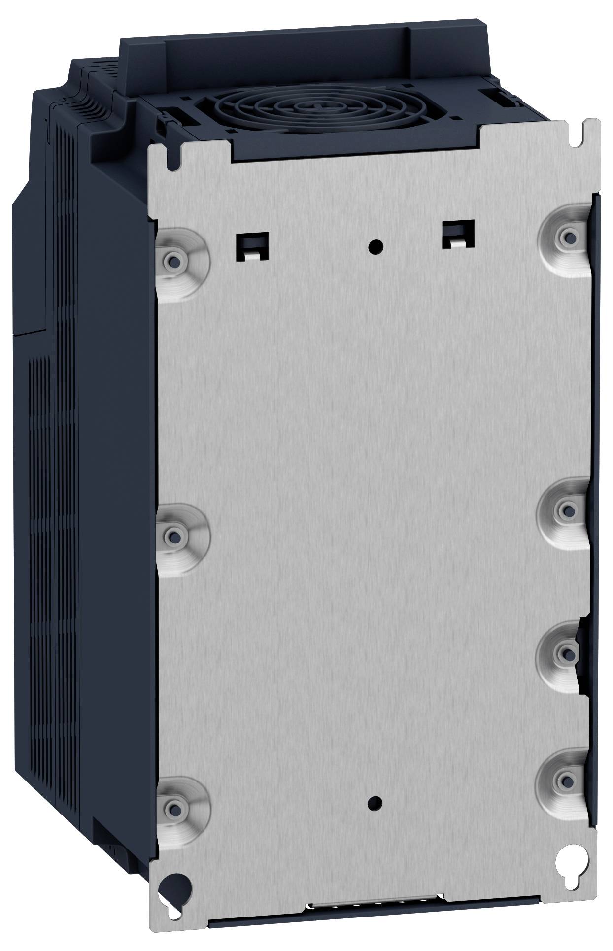 Een zwart industrieel apparaat met een metalen frontpaneel, voorzien van schroefbevestigingspunten en een ventilator aan de bovenkant, ontworpen voor elektrische installatie.