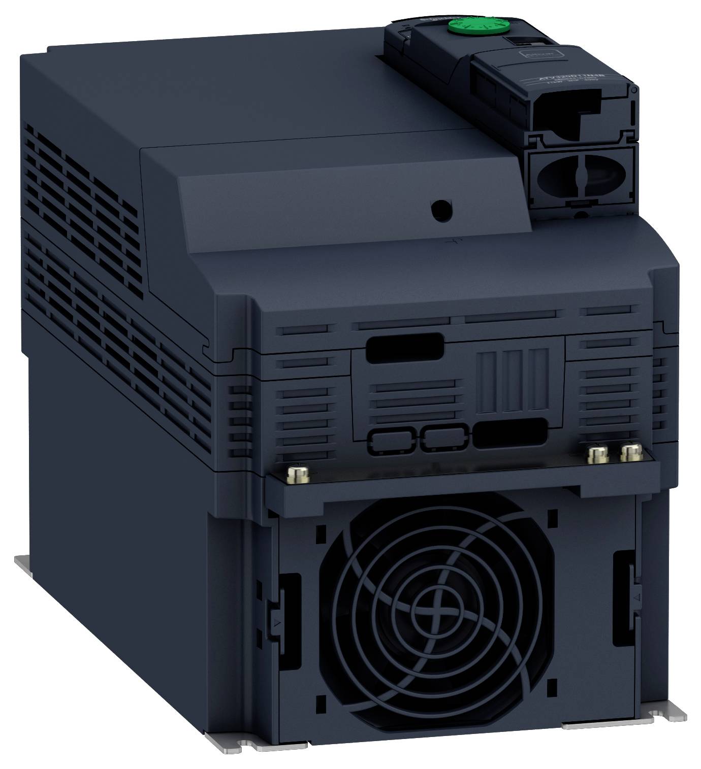 Een zwart industrieel apparaat, mogelijk een koelunit of vermogensmodule, met een ventilatorrooster onderaan en een bedieningspaneel bovenop. Geschikt voor technische omgevingen.