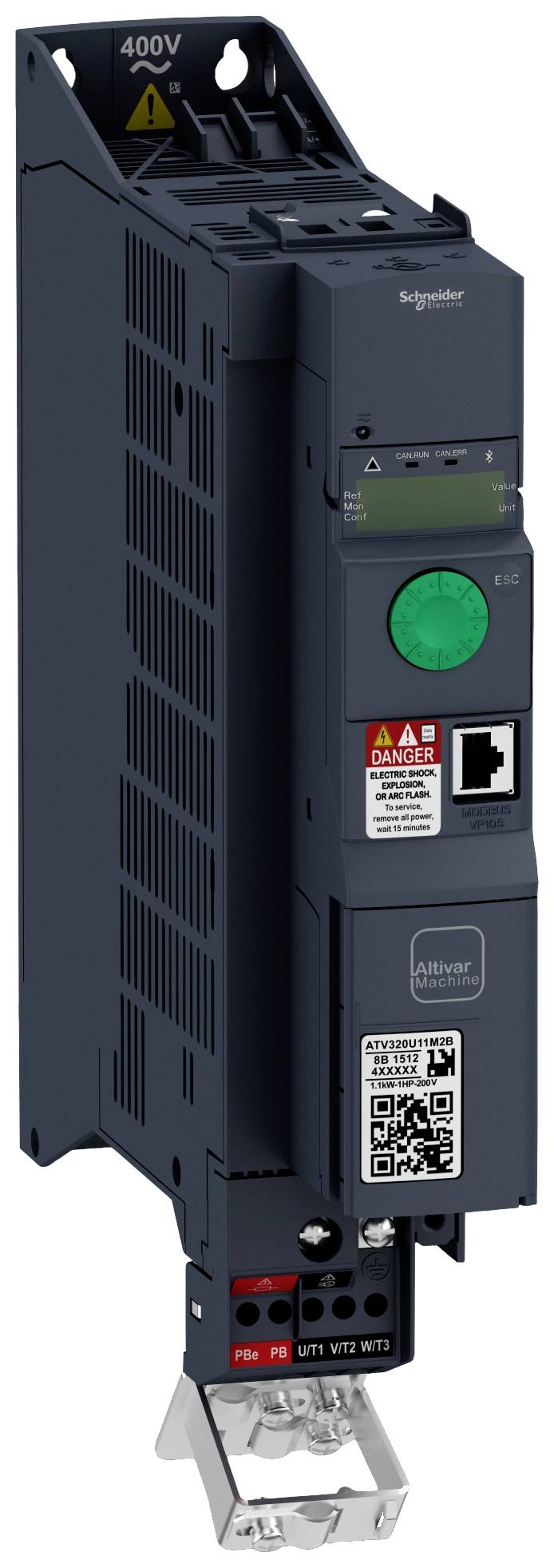 Elektrische frequentieomvormer, verticaal gemonteerd, zwarte behuizing met groene en rode bedieningselementen en Ethernet-aansluiting.