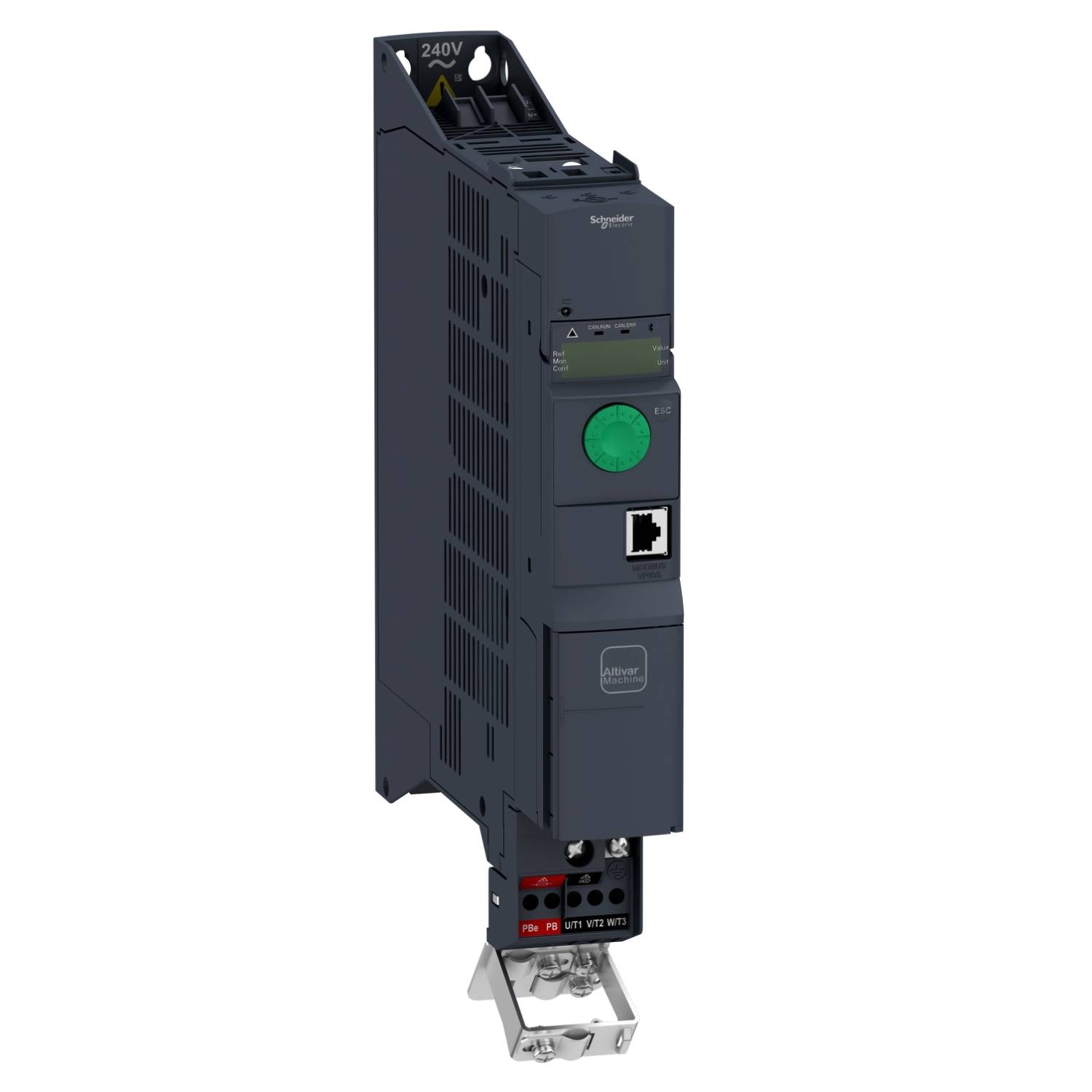 Een zwarte frequentieomvormer van Schneider Electric met een groene knop en meerdere aansluitingen, geschikt voor 240V systemen.