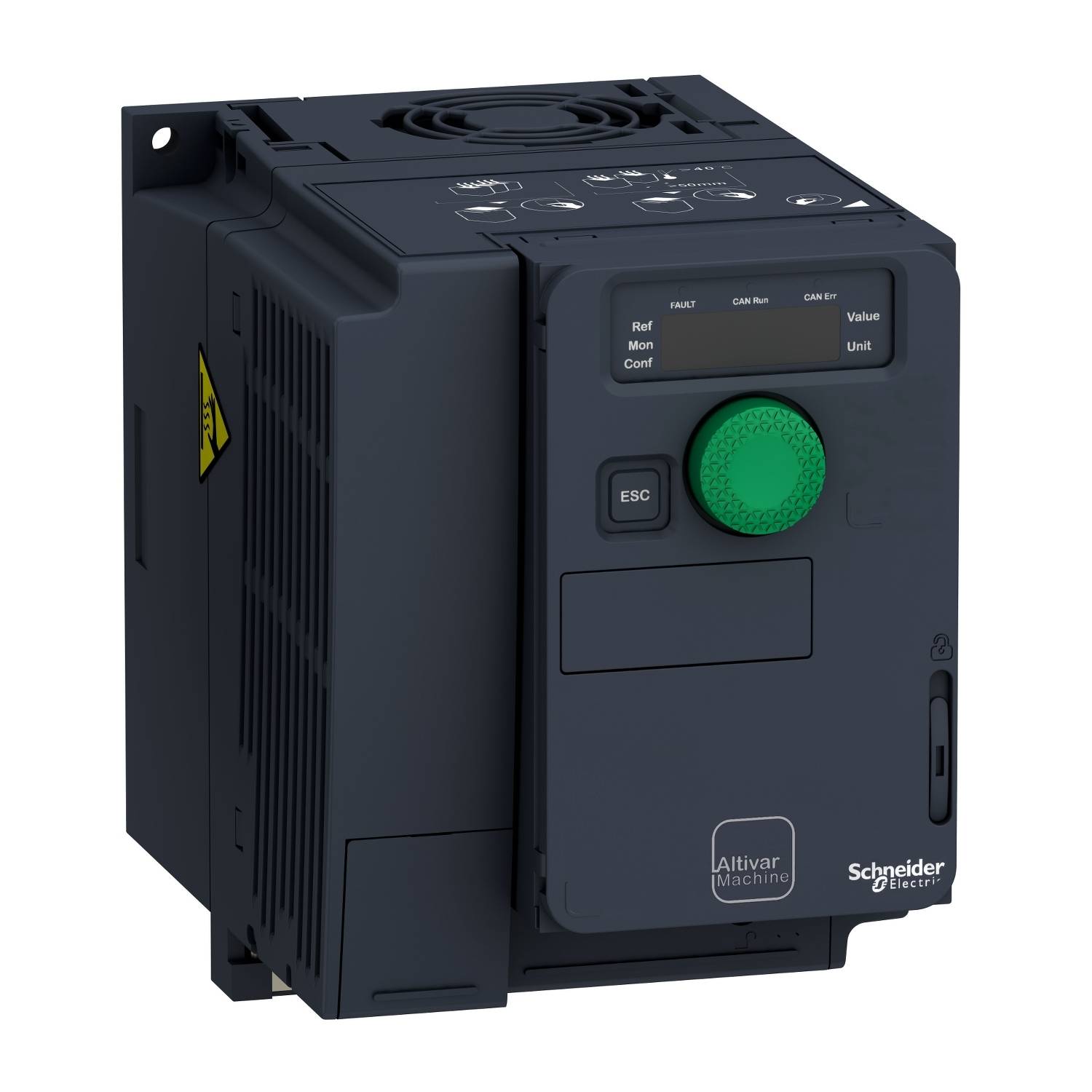 Een zwarte Altivar Machine frequentieomvormer van Schneider Electric met een grote groene knop en verschillende bedieningsknoppen.
