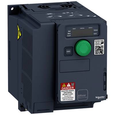 Een zwarte Altivar Machine frequentieomvormer van Schneider Electric met een groene knop, rode waarschuwingsindicator en QR-code op de voorkant.