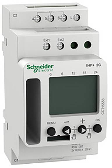 Een digitale tijdschakelklok-module met display, bedieningselementen en aansluitklemmen, gemerkt met 'Schneider Electric'. Bestemd voor elektrische schakelingen.
