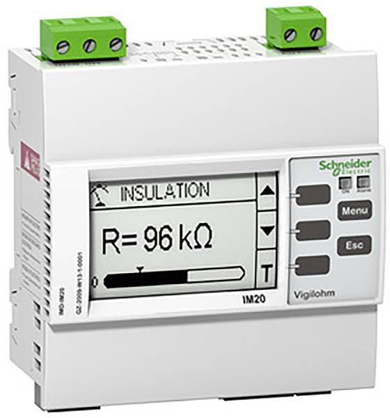 Een isolatiebewakingsapparaat van Schneider Electric met een display dat 'R = 96 kΩ' weergeeft. Links en rechts bevinden zich toetsen.