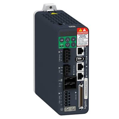 Een elektronische besturingsmodule met groene LED-indicator en meerdere aansluitingen. Waarschuwingsmeldingen bovenaan de voorkant.