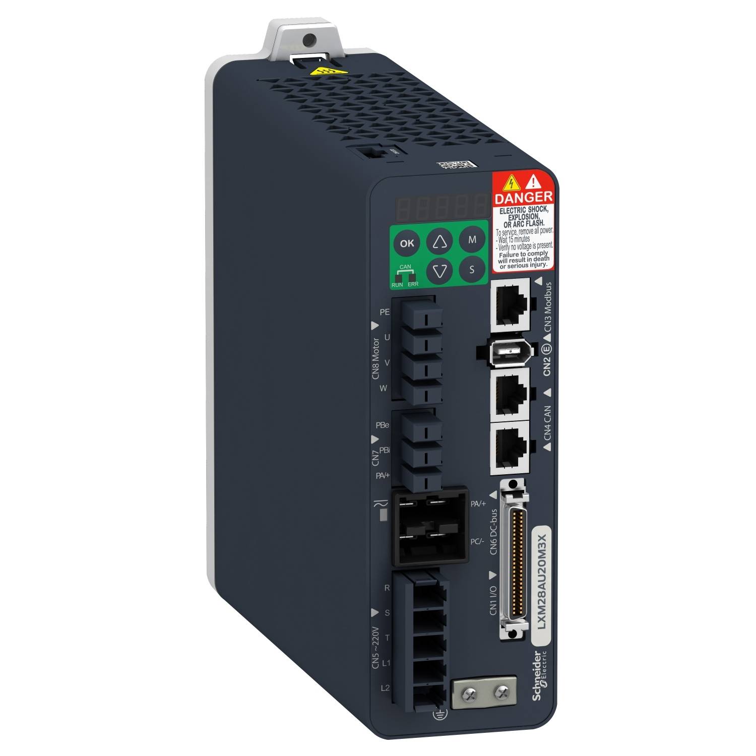 Een zwarte controller met meerdere aansluitingen aan de voorkant. Bovenaan een display en een waarschuwingsbericht. Verpakking van Schneider Electric.