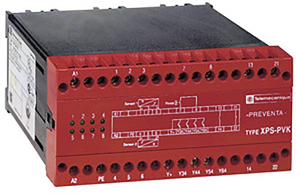Een rood veiligheidsrelais van het merk Telemecanique met de aanduiding 'XPS-PVK', gebruikt voor industriële besturingstoepassingen.