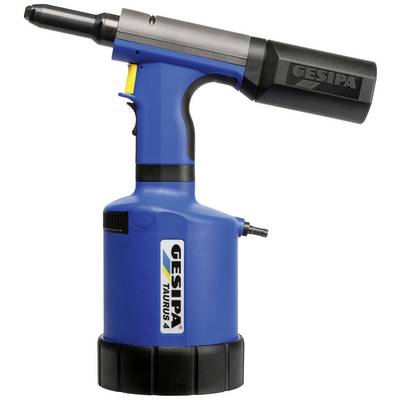 Een blauwe, industriële popnageltang met rubberen handgreep en zwarte mondstuk, met het merknaam 'Gesipa Taurus 4' erop gedrukt.
