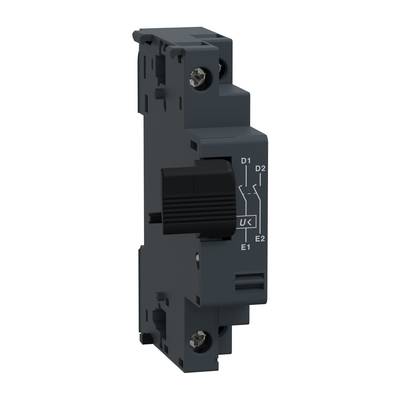 Een unipolaire, schakelbare zekeringautomaat met labels D1, D2, E1, E2 en een grafische schakelhandleiding op de voorkant.