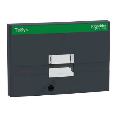 Grijs rechthoekig Schneider Electric-module met groene 'TeSys'-aanduiding linksboven en centrale hefboom.