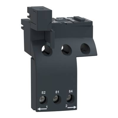 Een zwarte elektrische schakelaar met dubbele ingang en drie aansluitklemmen, gemarkeerd met de cijfers '82', '81', '84'.