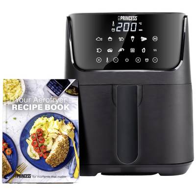 Een zwarte airfryer met een digitaal display dat 200 graden aangeeft. Ernaast een receptenboek met een afbeelding van gerechten.