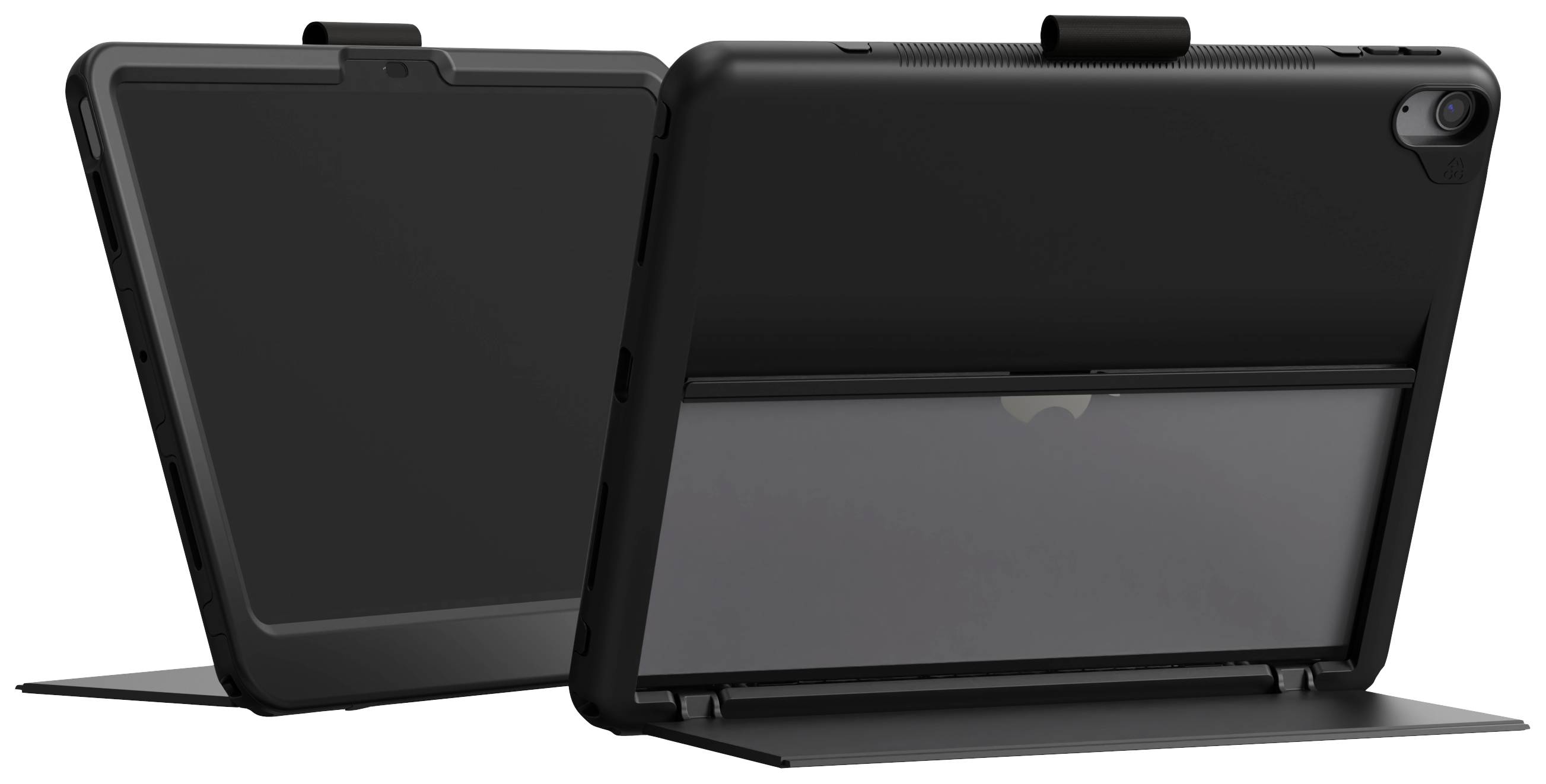 Twee zwarte tablet-hoezen met geïntegreerde standaards die tablets in rechtopstaande positie ondersteunen. Ze worden gesloten weergegeven.