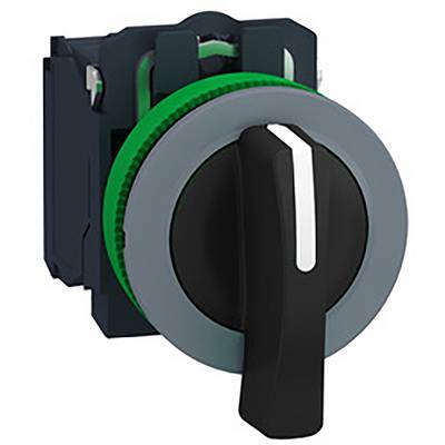 Een zwarte draaiknop met grijze en groene ring. De greep bevindt zich aan de rechterkant, geschikt voor industriële toepassingen.