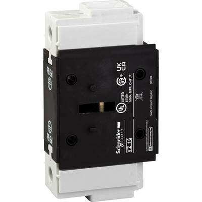 'Schneider Electric Stroomonderbreker, Model VZ16' met keurmerk op zwarte en witte behuizing, geschikt voor UK, CA standaarden.