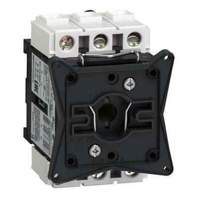 Een dripolige laadscheidingsschakelaar met zwarte frontplaat en drie witte schroefklemmen, geschikt voor elektrische installaties.