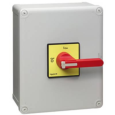 Grijs-rode industriële schakelkast met geel bord, schakelpositities 'Aan' en 'Uit' weergegeven.