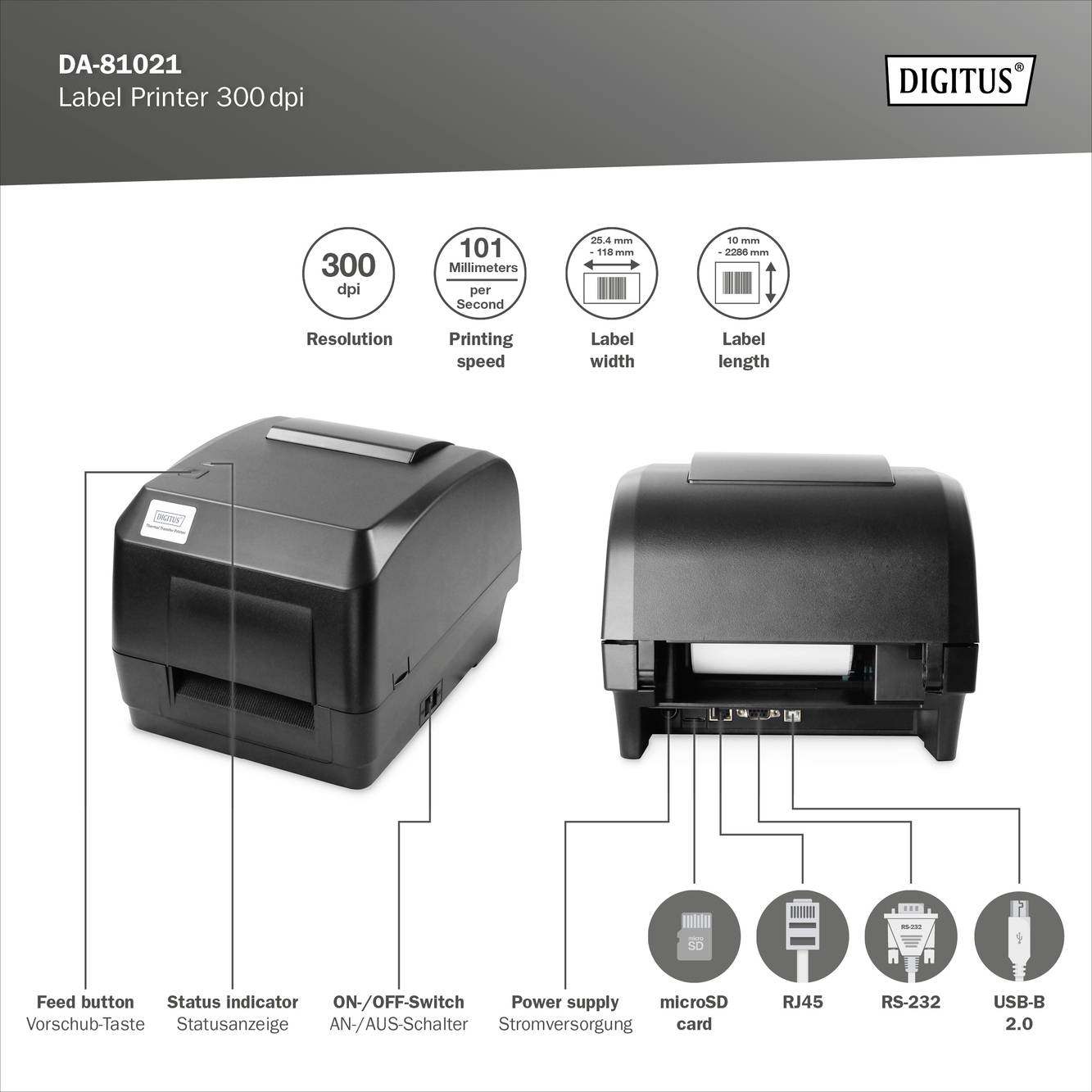 'Productafbeelding van een DA-81021 labelprinter. Kenmerken: 300 dpi resolutie, 101 mm/s printsnelheid, label breedte en lengte.'