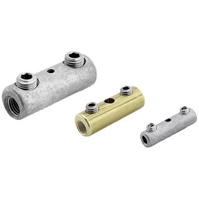 Drie metalen verbindingen: twee zilverkleurig, één goudkleurig. Elke heeft twee schroefgaten en is aan de zijkant geopend voor kabelaansluitingen.