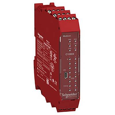 Een rood elektronisch module van het merk Schneider Electric met verschillende aansluitingen en een LED-indicatie aan de voorkant.