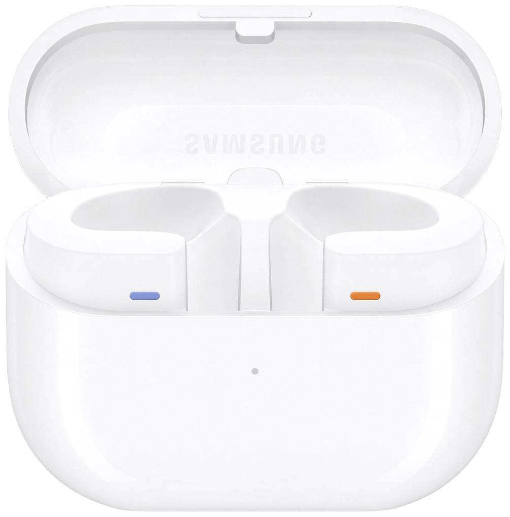 Witte draadloze in-ear koptelefoon in een geopende oplaadcase, vooraanzicht.