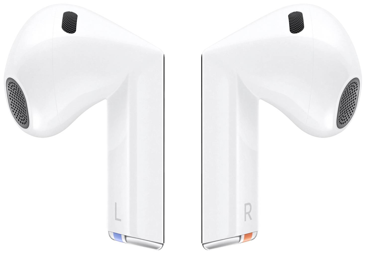 Witte draadloze oordopjes, elk gemarkeerd met de letters 'L' en 'R' voor links en rechts.