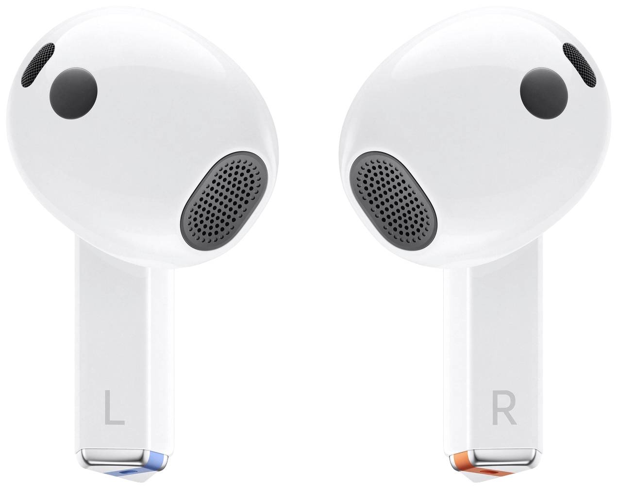 Witte draadloze oordopjes met labels 'L' voor links en 'R' voor rechts; tonen luidsprekeropeninga en sensoren.