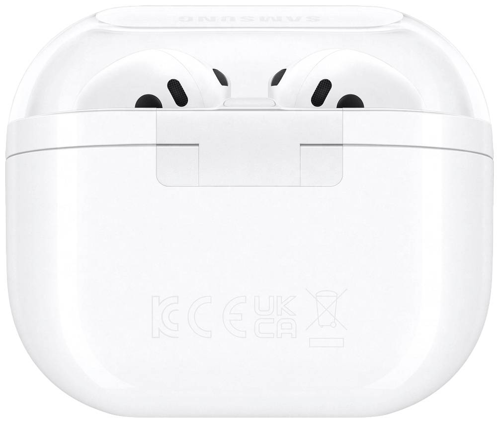 Witte draadloze oordopjes in een oplaadcase. Case met transparante bovenkant toont de oordopjes; symmetrisch geplaatst.