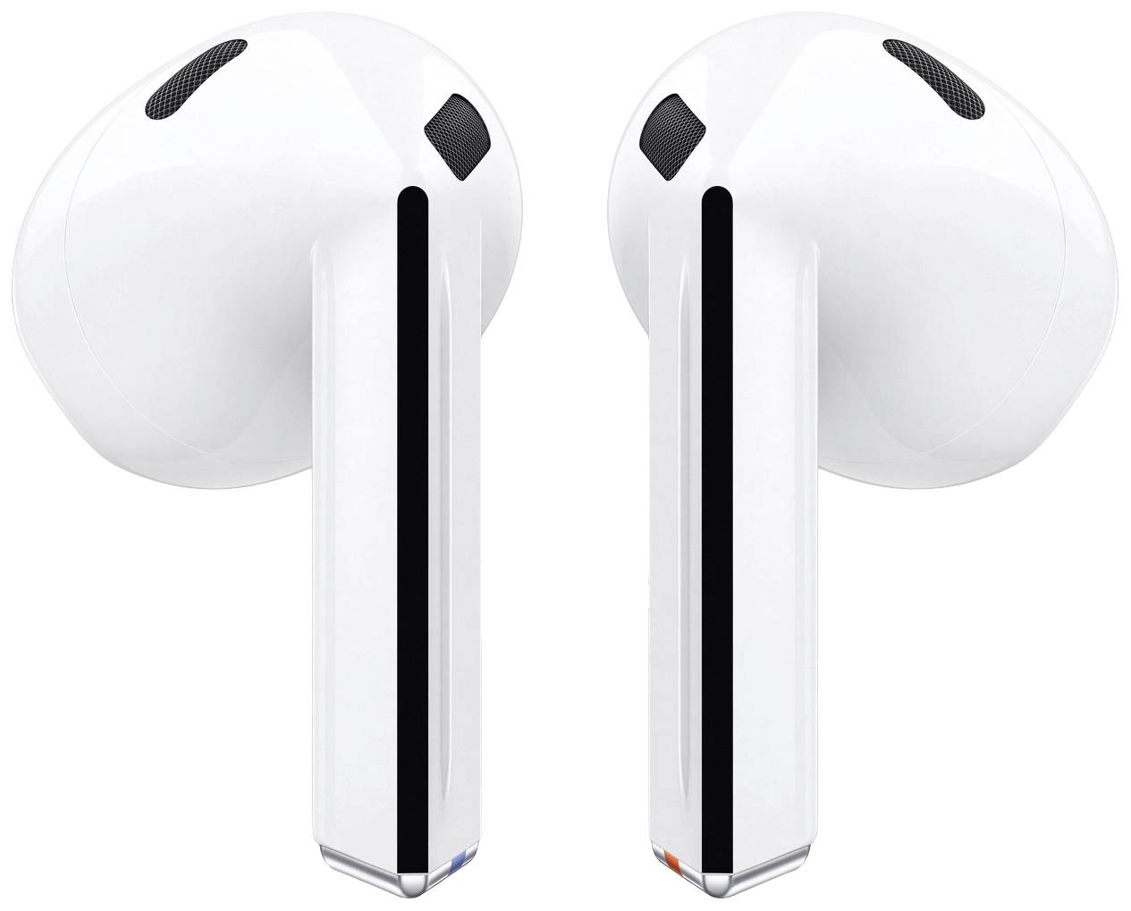Draadloze witte oordopjes met zwarte accenten, naast elkaar staand, elk met een luidsprekerooster.
