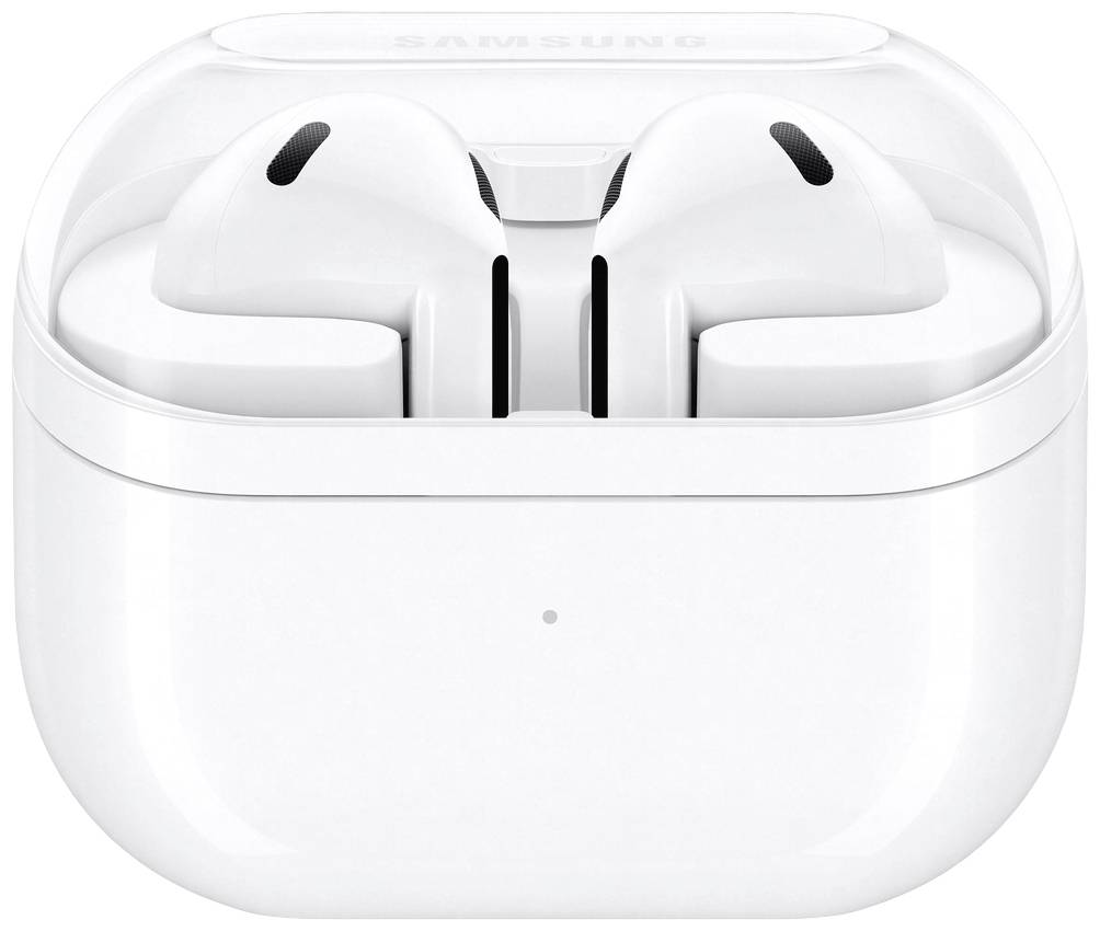 Witte draadloze in-ear koptelefoon in een geopende oplaadcase.