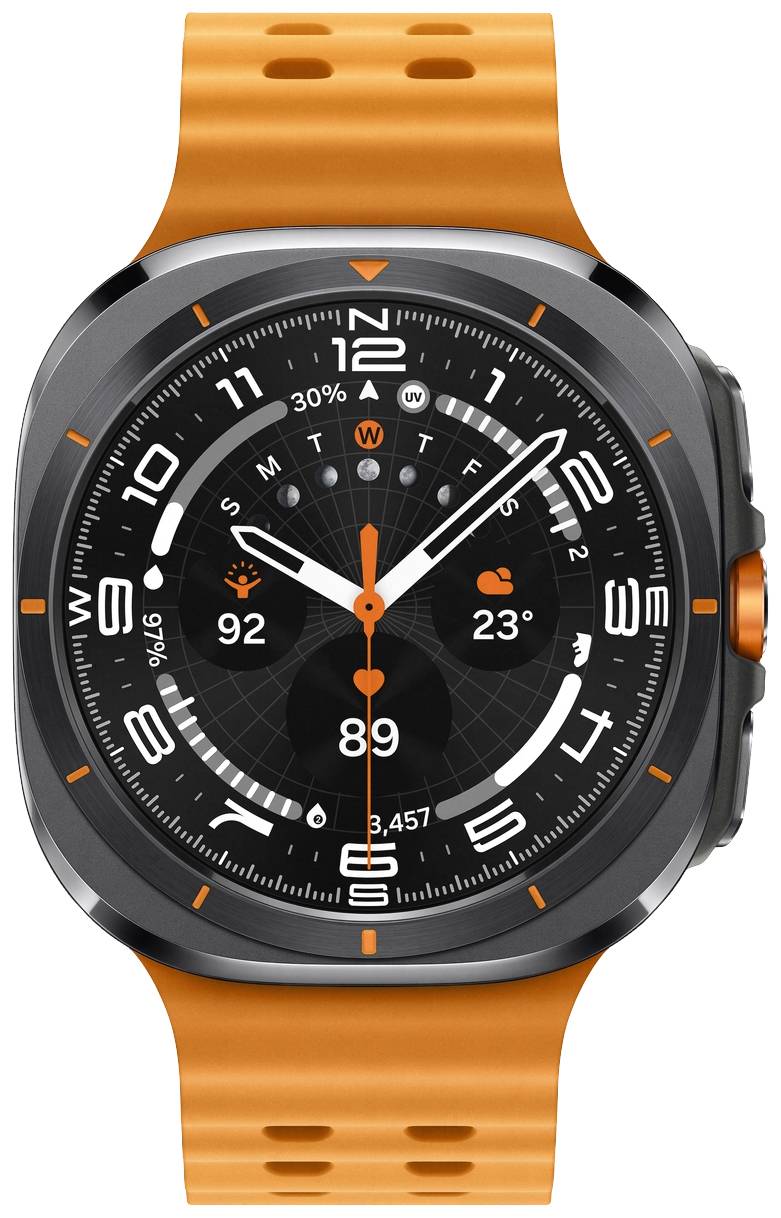 Digitaal horloge met zwarte wijzerplaat en oranje band, toont tijd, temperatuur en fitnessgegevens.