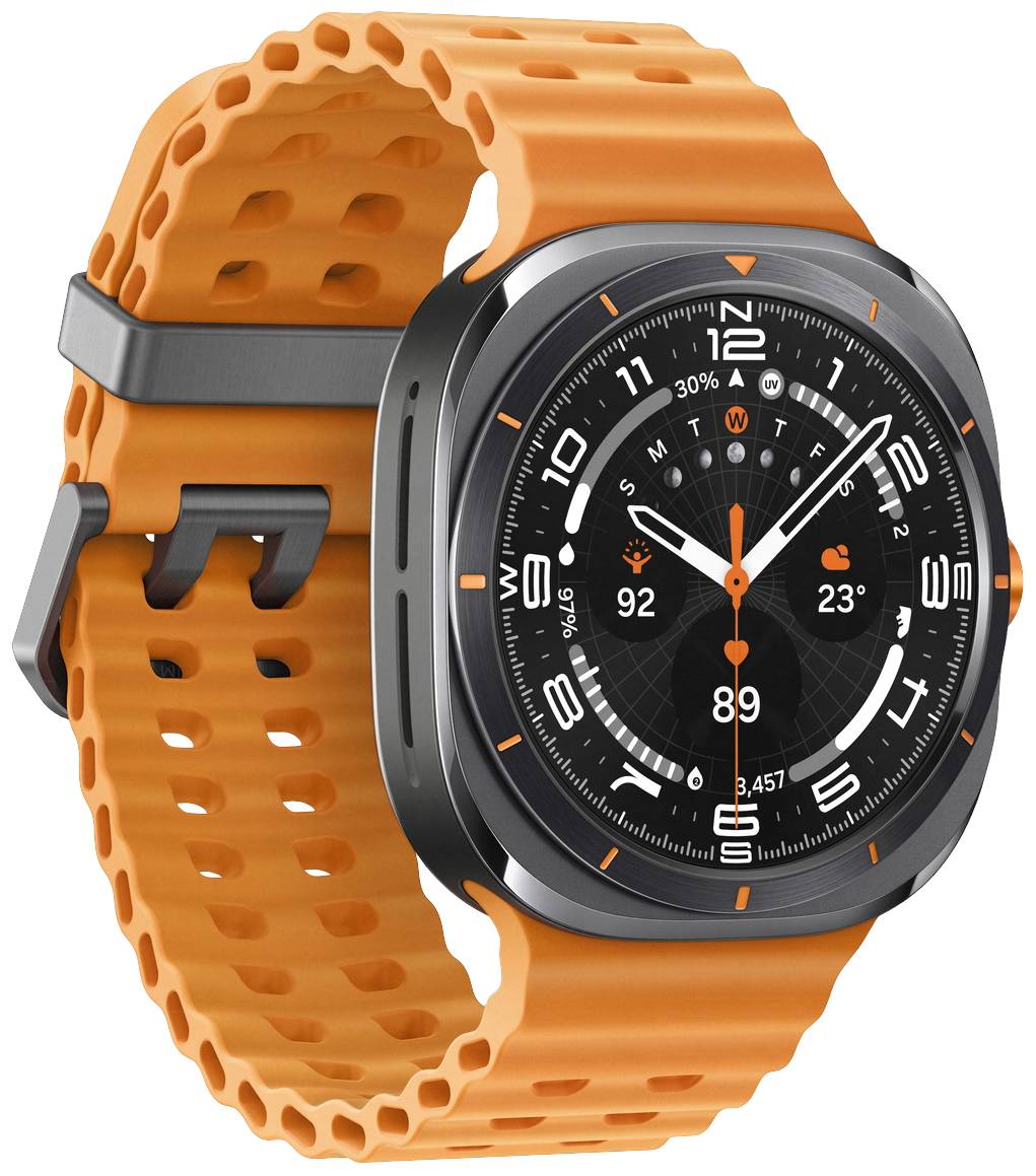 Oranje polsband van een moderne smartwatch met een zwarte wijzerplaat, toont tijd, weer en fitnessgegevens.