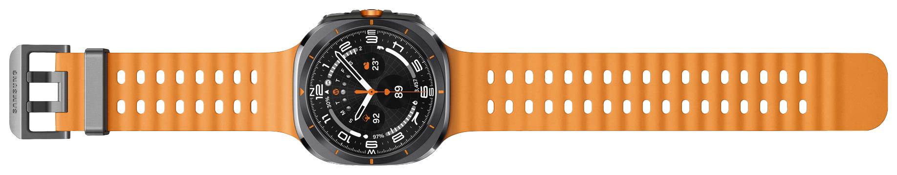 Een zwarte smartwatch met een rond wijzerblad en een oranje polsband, toont de tijd en verschillende functie-indicatoren.