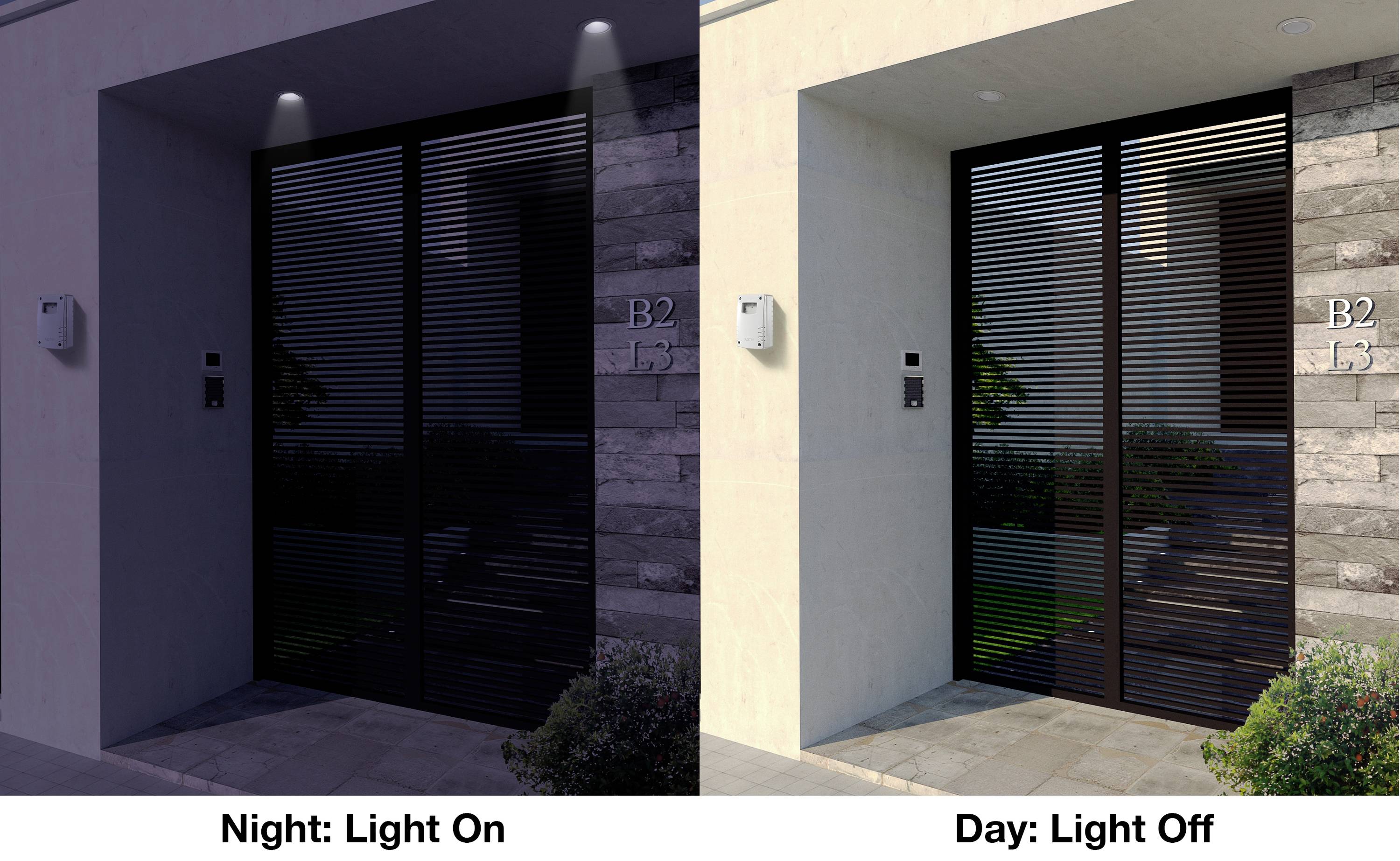 'Nacht: Licht aan, Dag: Licht uit.' Twee afbeeldingen van een ingangsgebied 's nachts en overdag. Verlichting geactiveerd 's nachts, gedeactiveerd overdag.