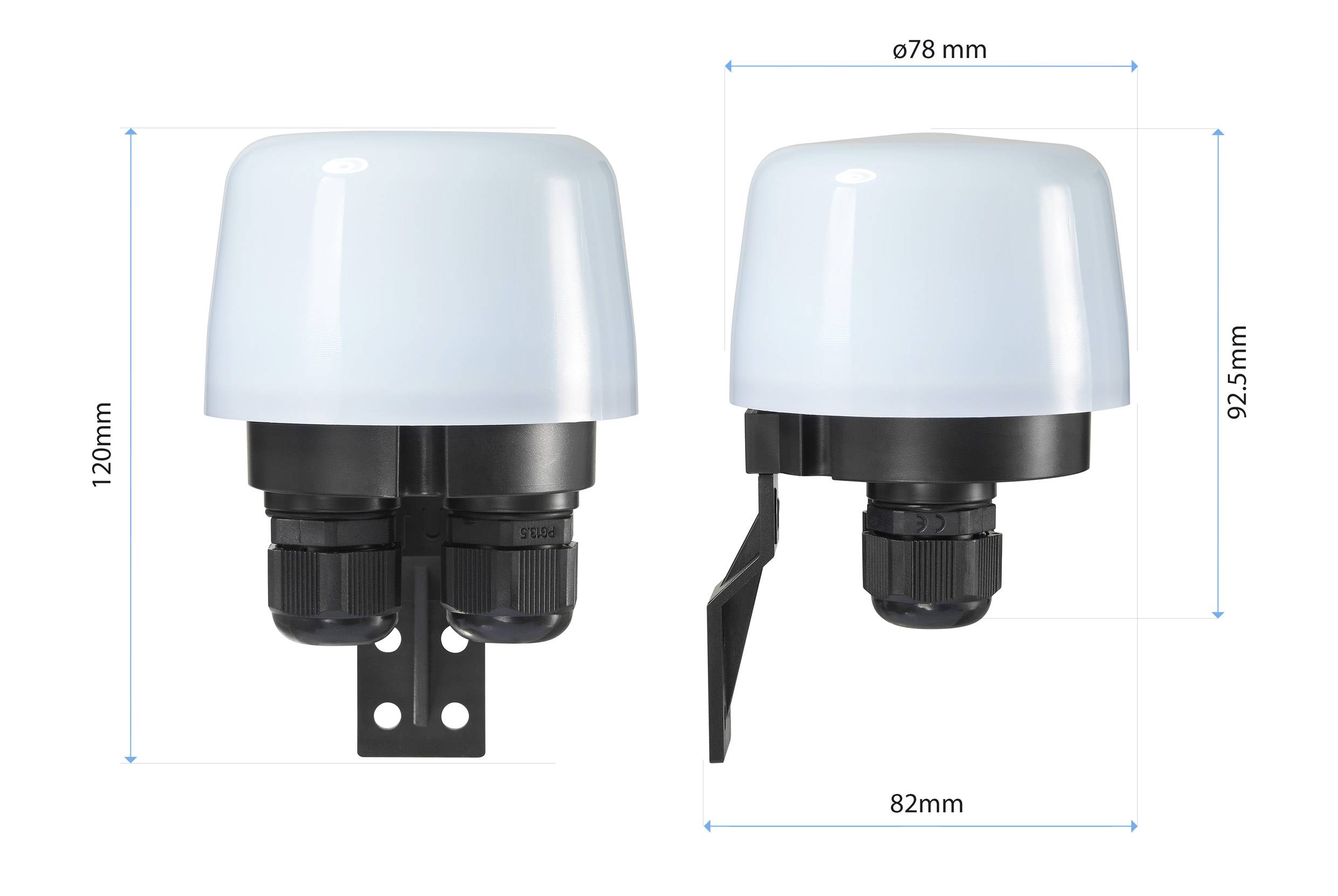 Twee cilindrische LED-armaturen met afmetingen: hoogte 120 mm, diameter 78 mm. Zijdelings gemonteerde beugel, hoogte 92,5 mm, breedte 82 mm.