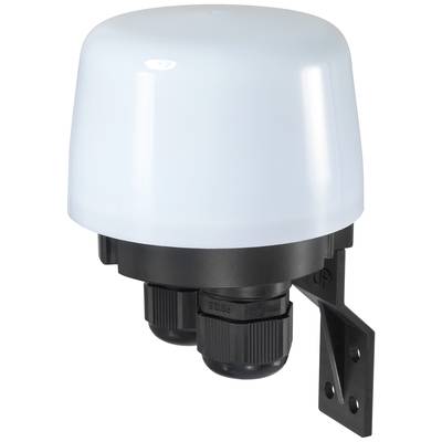 Een rond, wit behuizing met een zwarte basis en twee kabelaansluitingen, gemonteerd op een wandbeugel.