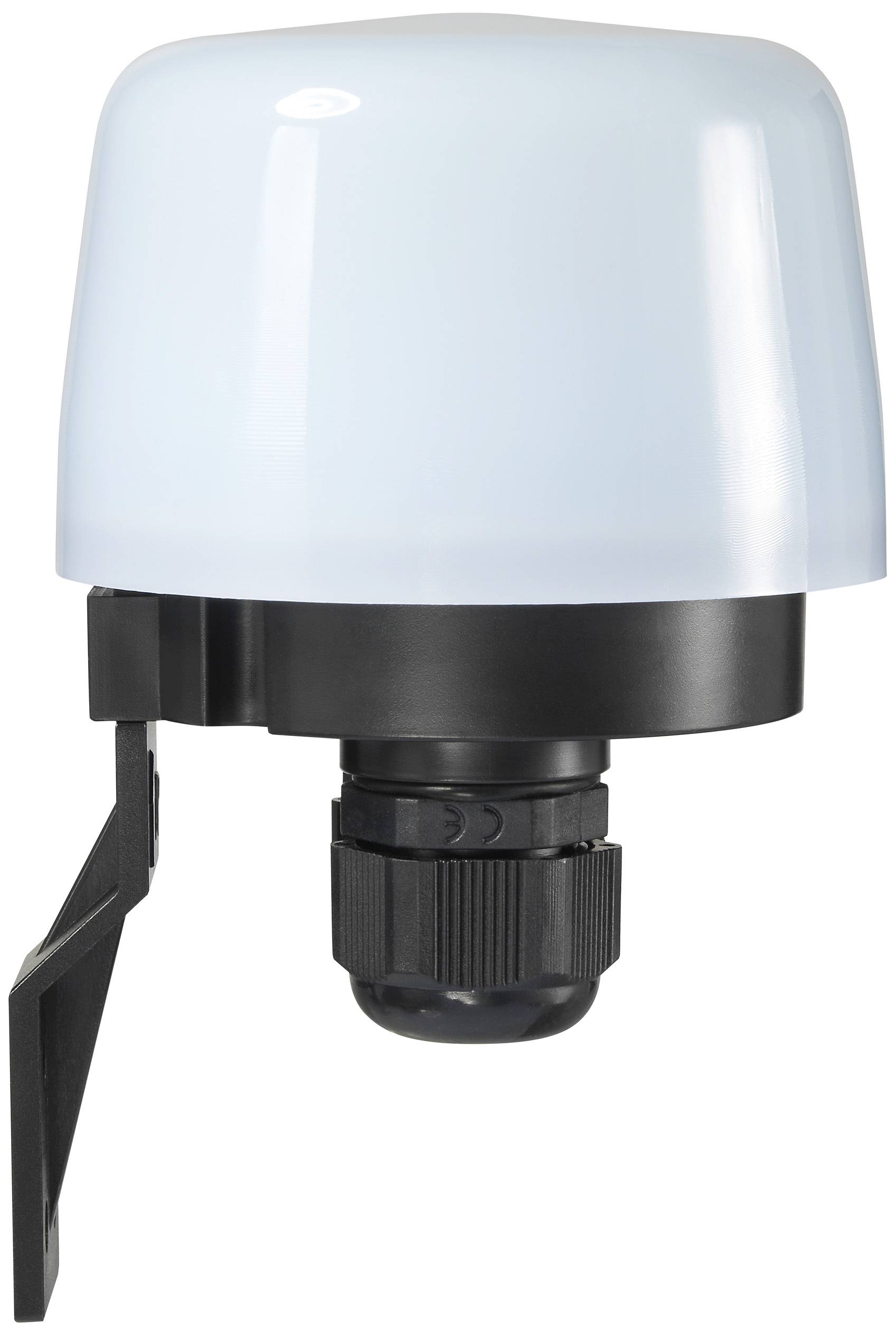 Een blauwachtig schijnende veiligheidslamp met een zwarte voet en bevestigingsbeugel, vaak gebruikt voor waarschuwing of signalering.