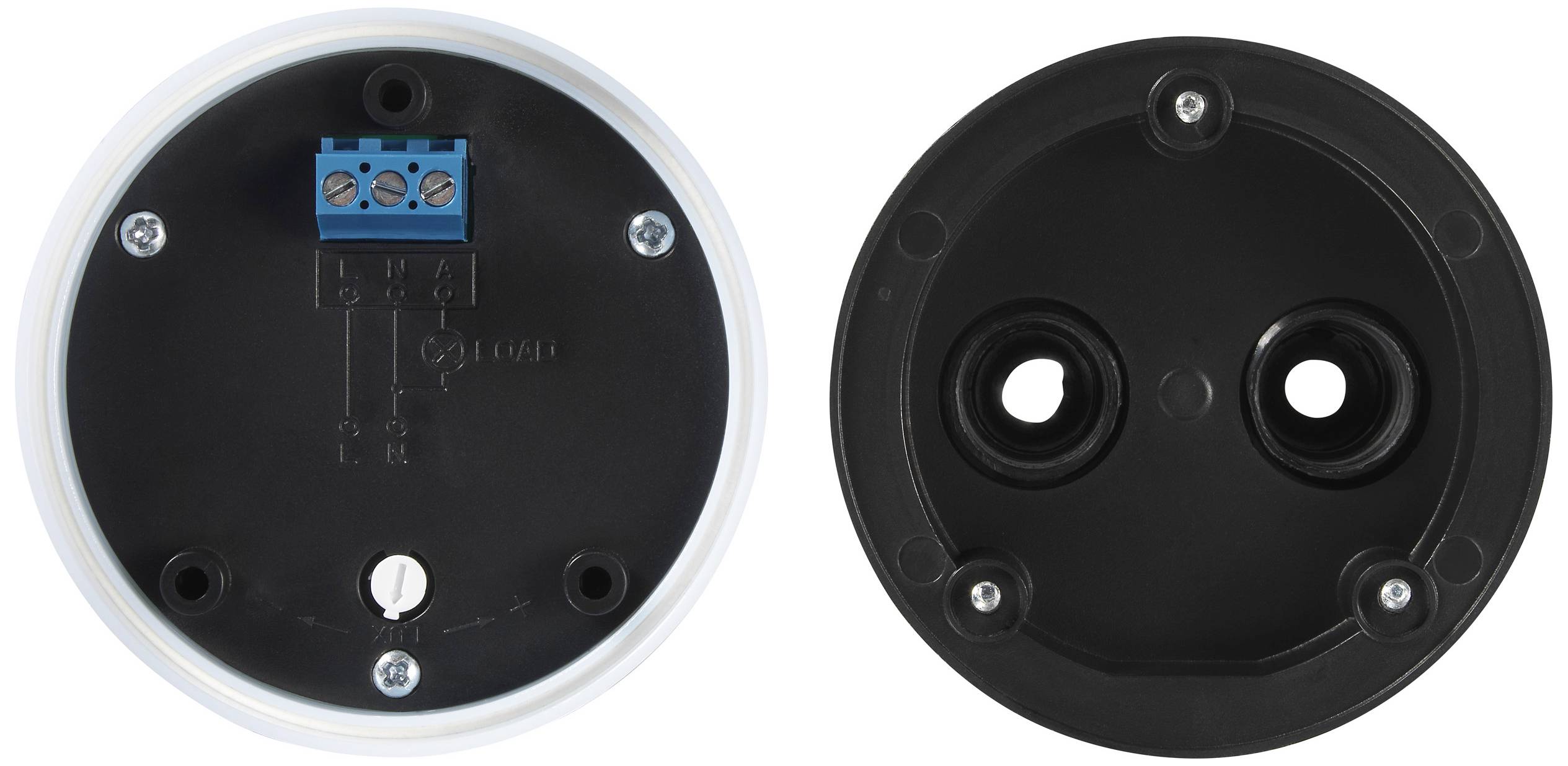 Twee ronde zwarte apparaatomhulsels met zichtbare schroeven en aansluitingen. Links elektrische aansluitingen, rechts een eenvoudige afdekking.