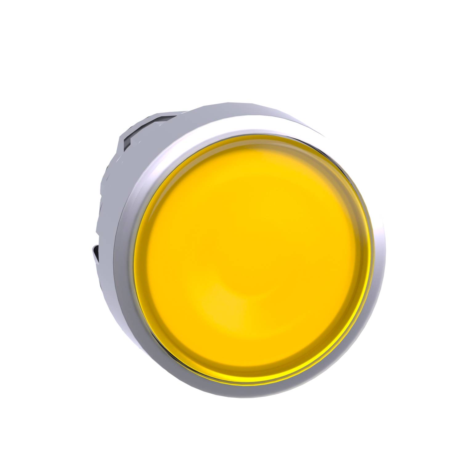 Gele ronde knop met zilveren rand, licht verhoogd, tegen een witte achtergrond.
