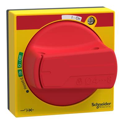 Elektrische hoofdschakelaar van Schneider Electric, gele behuizing, rode draaigreep met posities '0-Uit' en 'I-Aan', in-/uitschakel-markeringen.