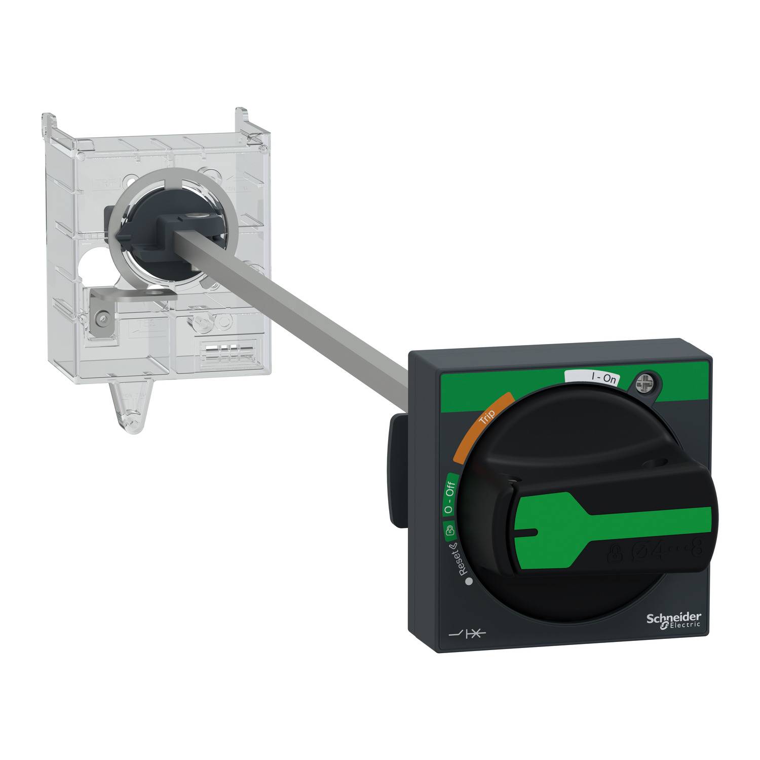 'Isolatieschakelaar van het merk Schneider Electric, model Vario. Kunststof behuizing met groene schakelhendel en AAN/UIT-markeringen.'