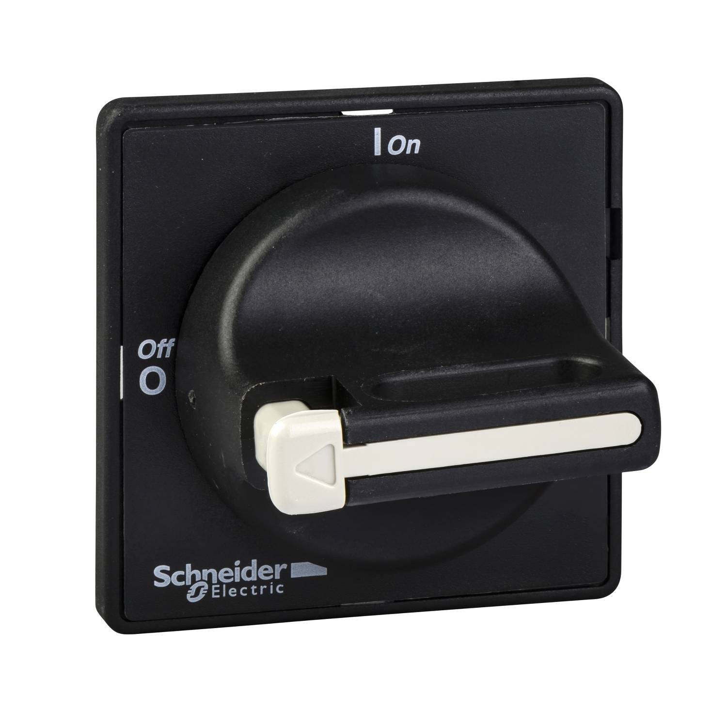 Zwarte draaischakelaar van Schneider Electric, toont posities 'Aan' en 'Uit'. De hendel staat op 'Uit'.