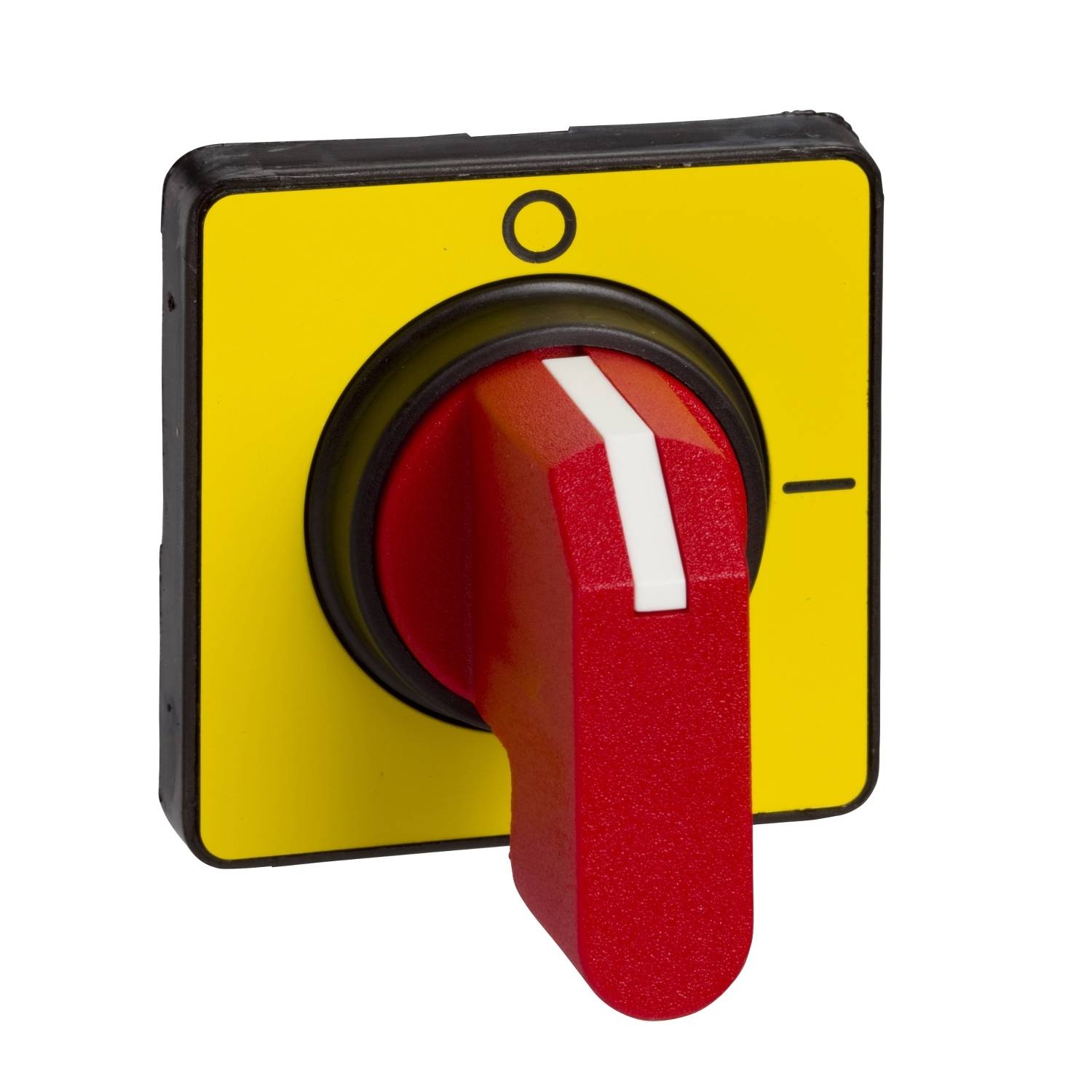 Rode noodstopschakelaar op een gele achtergrond, signaleert veiligheidsstop.