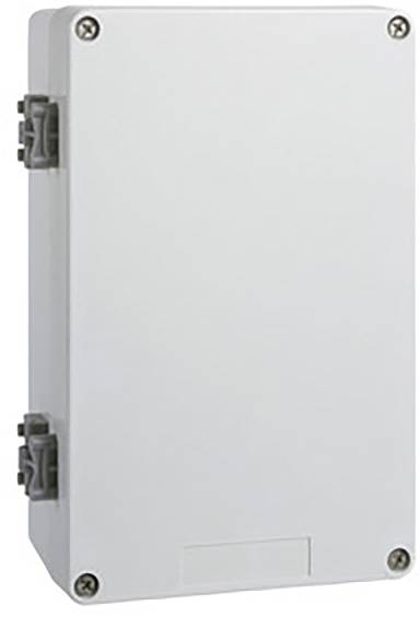 Rechthoekige, witte behuizing met schroeven in de hoeken, geschikt voor elektronica. Geen zichtbare markeringen of openingen.