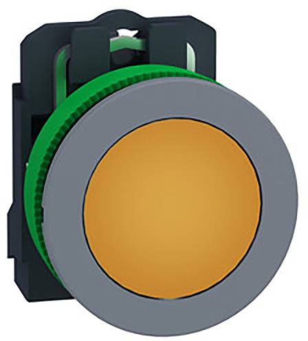 Een oranje ronde knop met een grijze rand en een groene behuizing, vermoedelijk een bedieningsknop of schakelaar in een technisch apparaat.