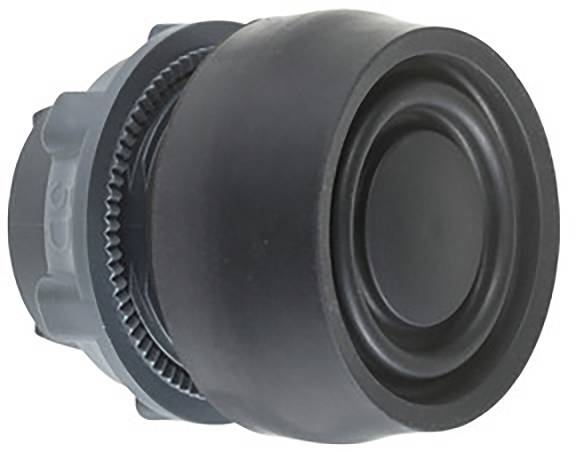 Grijs en zwart machinedeel, cilindrisch gevormd, mogelijk een wiel of een looprollenelement, tegen een witte achtergrond.