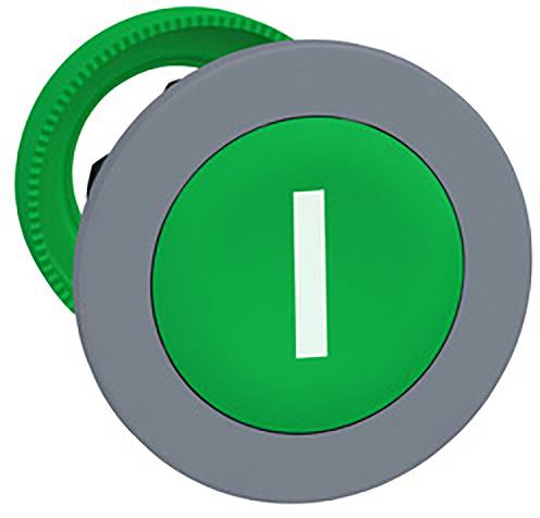 Groene aan/uit-knop in een grijze behuizing.